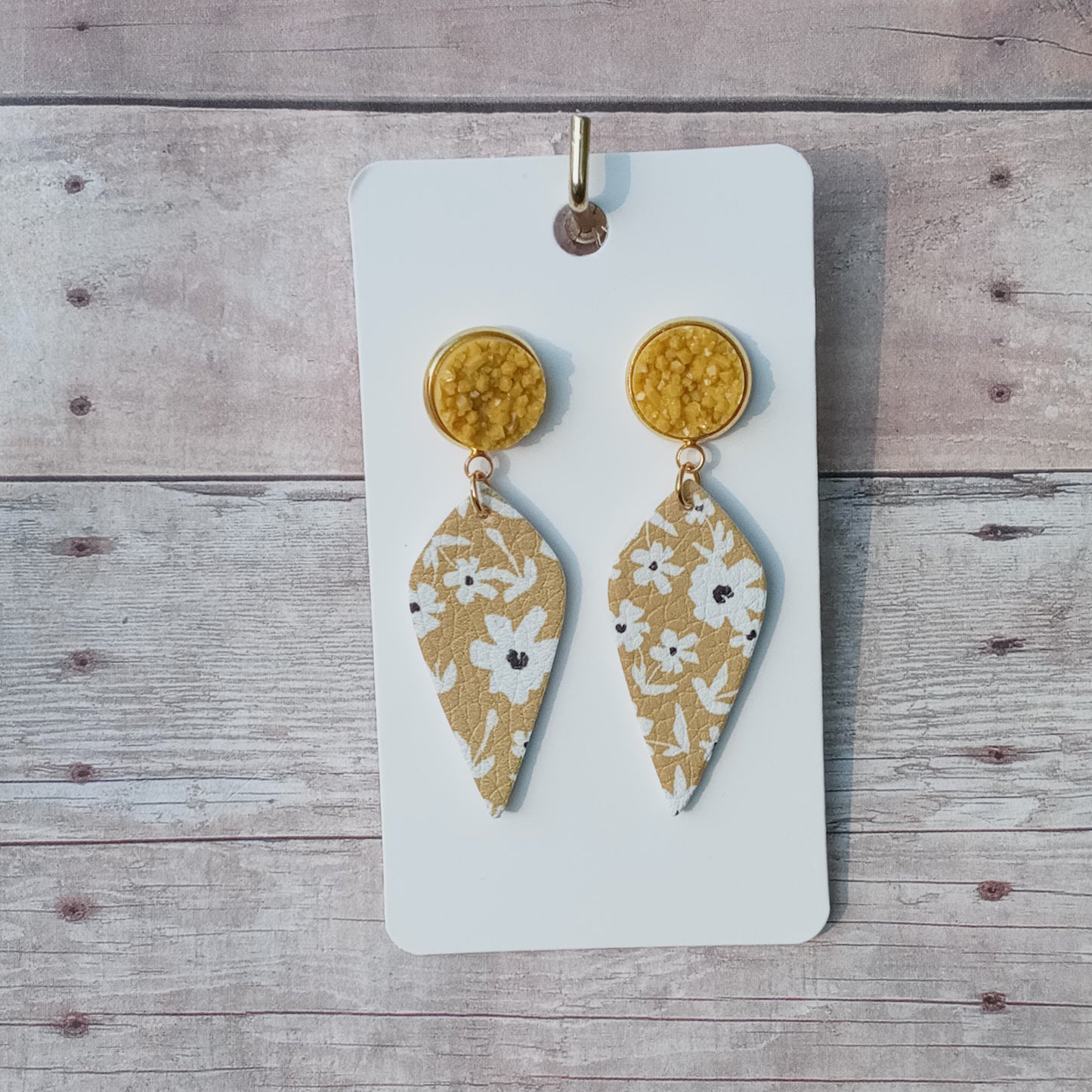 Mustard druzy with gold/flower dangle earrings