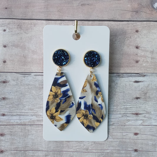 Dark blue druzy with blue/mustard floral dangle earrings