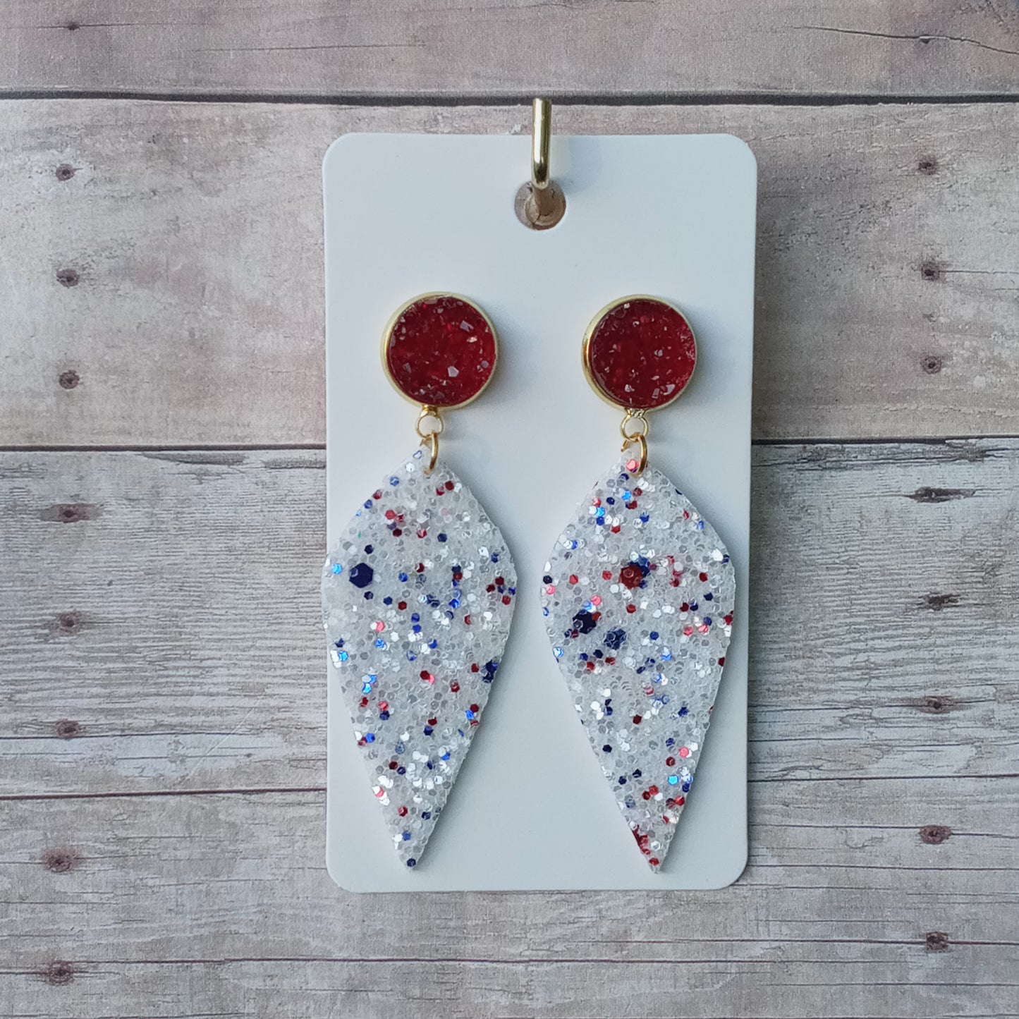 Red druzy r/w/b glitter dangle earrings