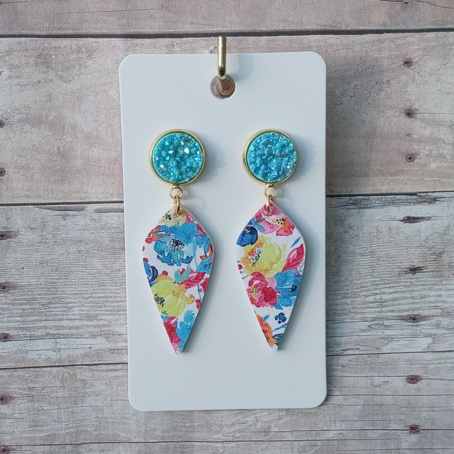 Light blue druzy floral dangle earrings