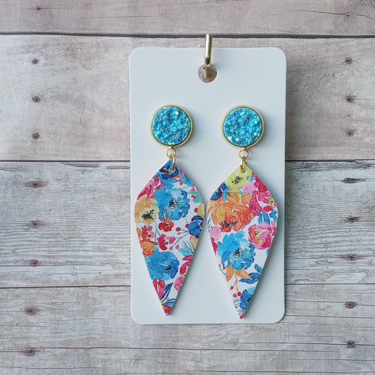 Light blue druzy with floral dangle earrings