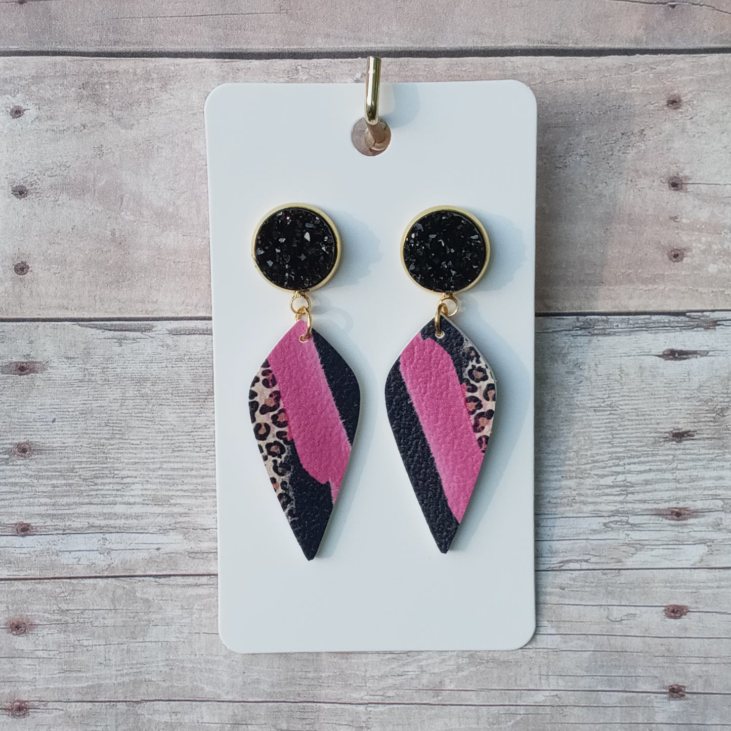 Black druzy and cheetah pink brushstroke dangle earrings