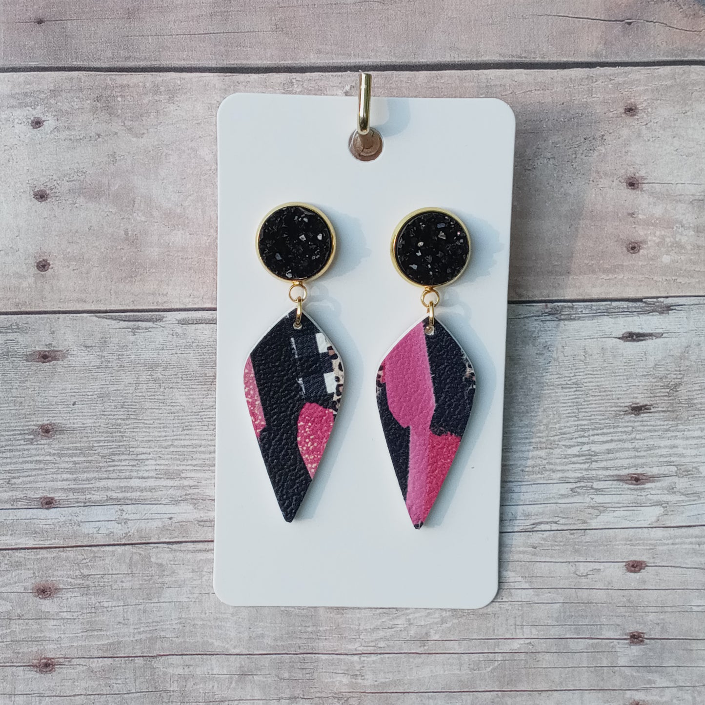 Black druzy and cheetah pink brushstroke dangle earrings