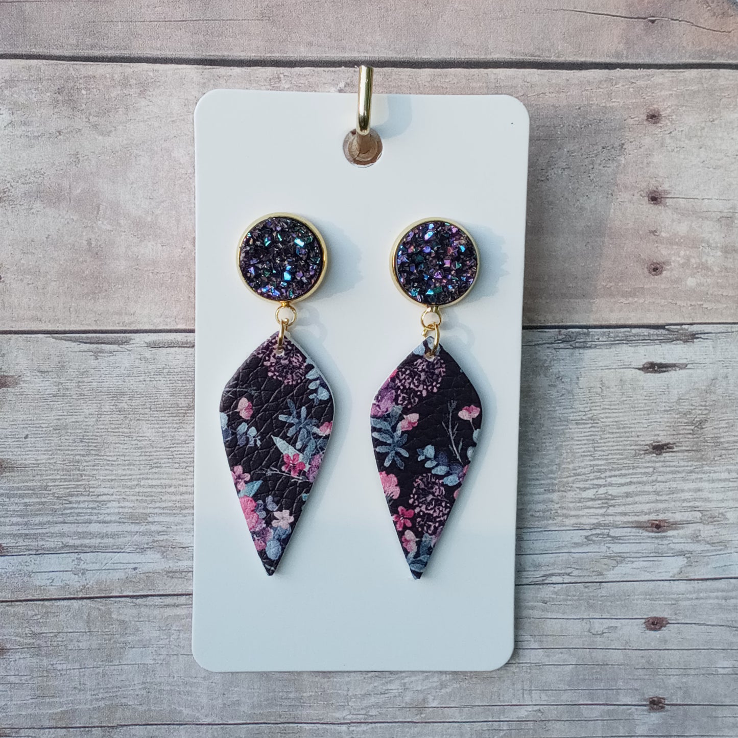 Mystic druzy with dark floral dangle earrings