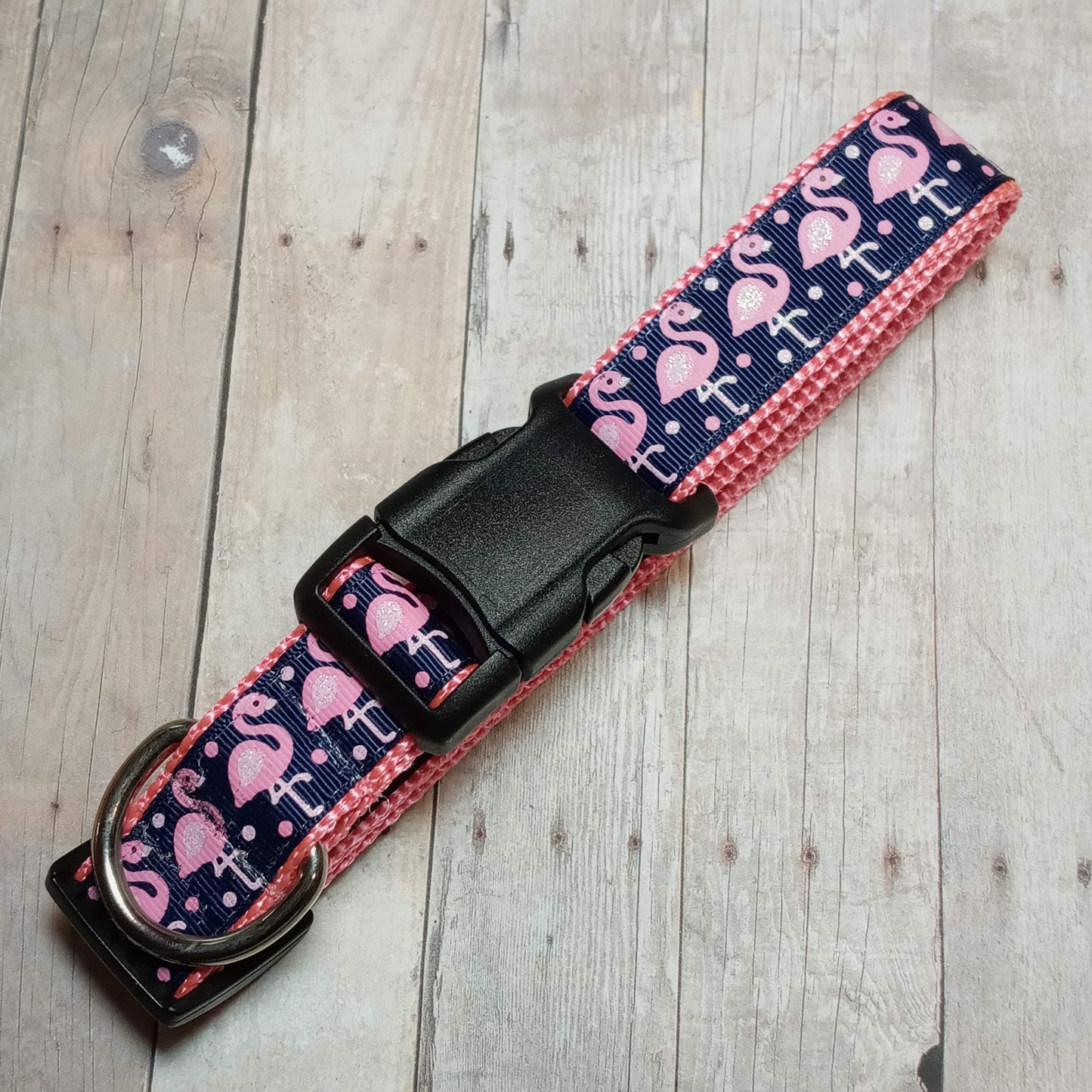 Pink and blue flamingo dog collar