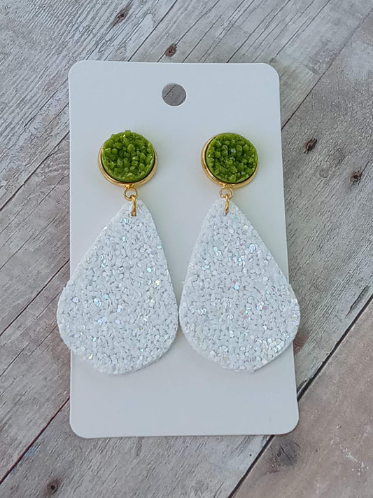 Olive Green and White 2" dangly earrings