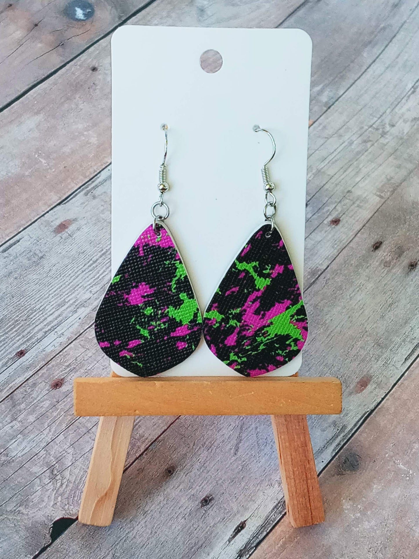 Pink and Green Splatter Paint 2" dangly earrings