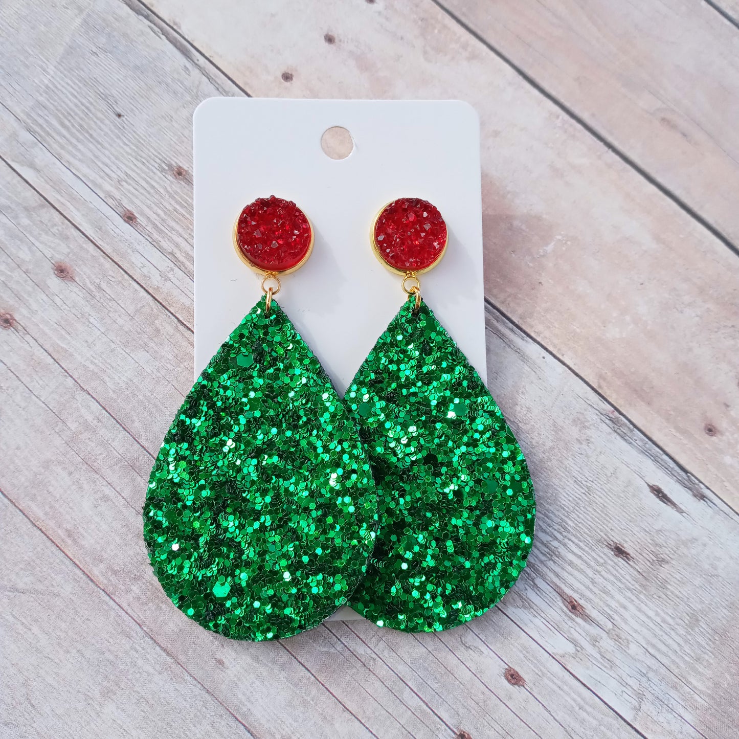 Red druzy and green glitter earrings