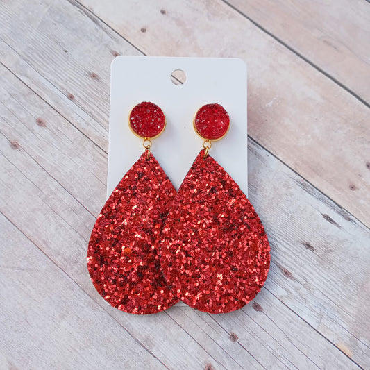 Red druzy and red glitter earrings