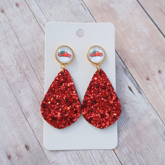 Little red truck and red glitter earrings