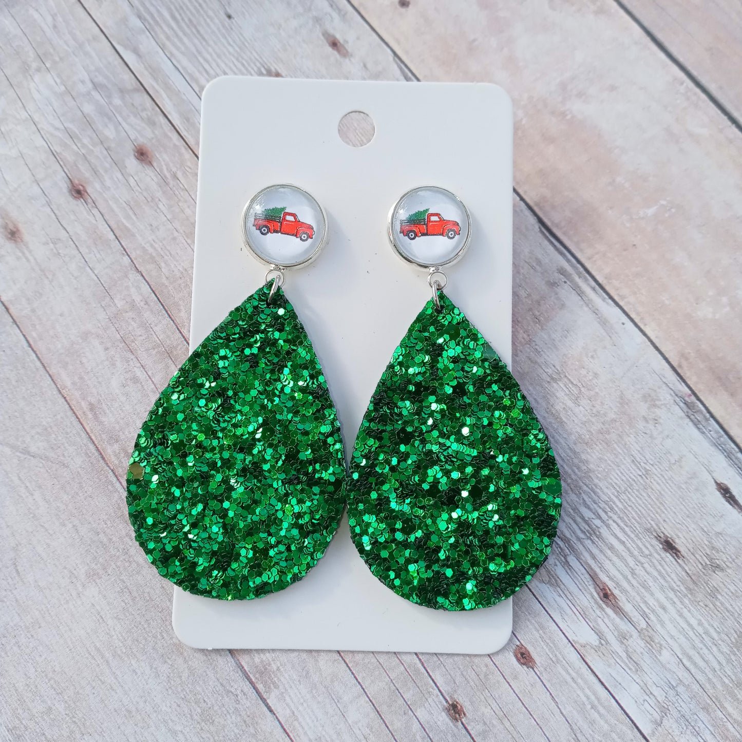 Little red truck and green glitter earrings