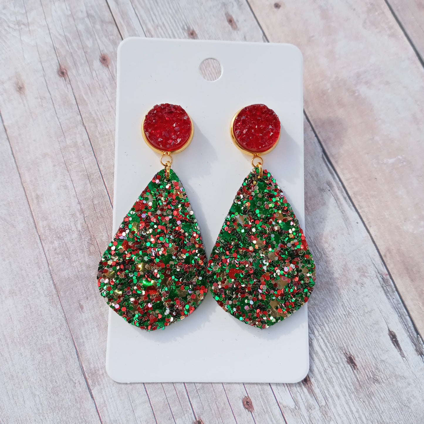 Christmas red, green, and gold glitter 2" dangly earrings