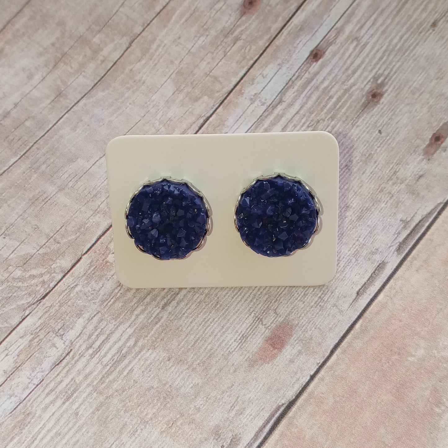 Blue Druzy Stud Earrings in Crown setting 12MM