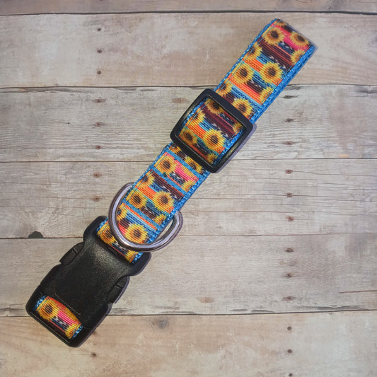 Serape sunflowers on blue dog collar