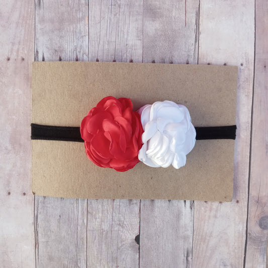 Red and white ruffled satin flower nylon headband