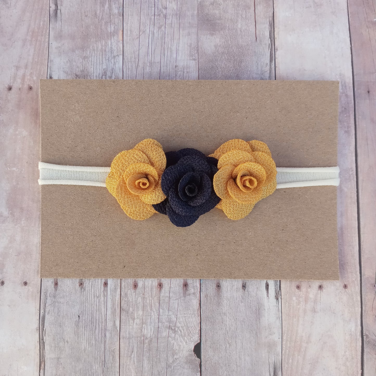 Navy blue and mustard yellow trio flower on ivory nylon headband