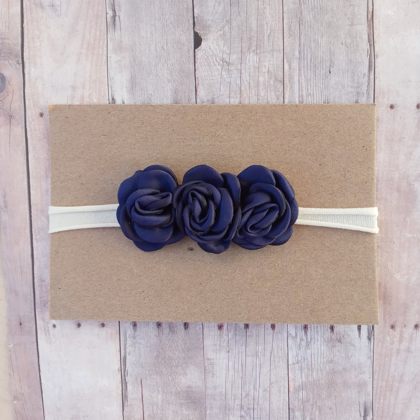 Navy blue trio flower on ivory nylon headband