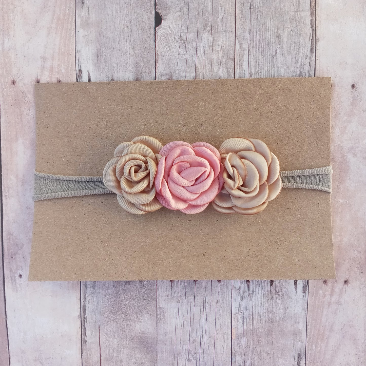 Beige and pink trio flower on brown nylon headband