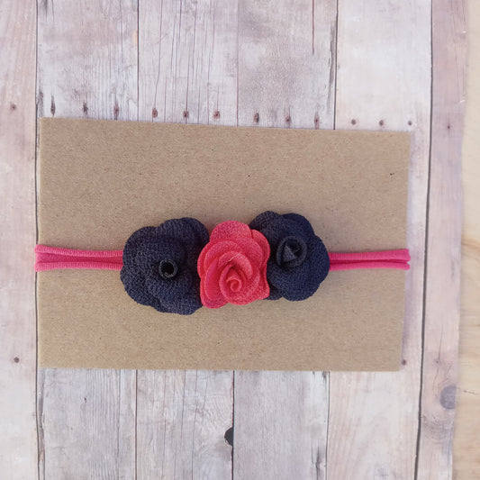 Navy blue and pink trio flower on pink nylon headband