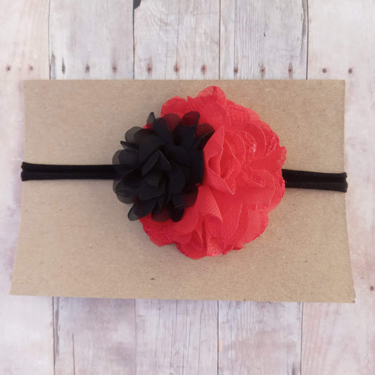 Red and black double flower on black nylon headband