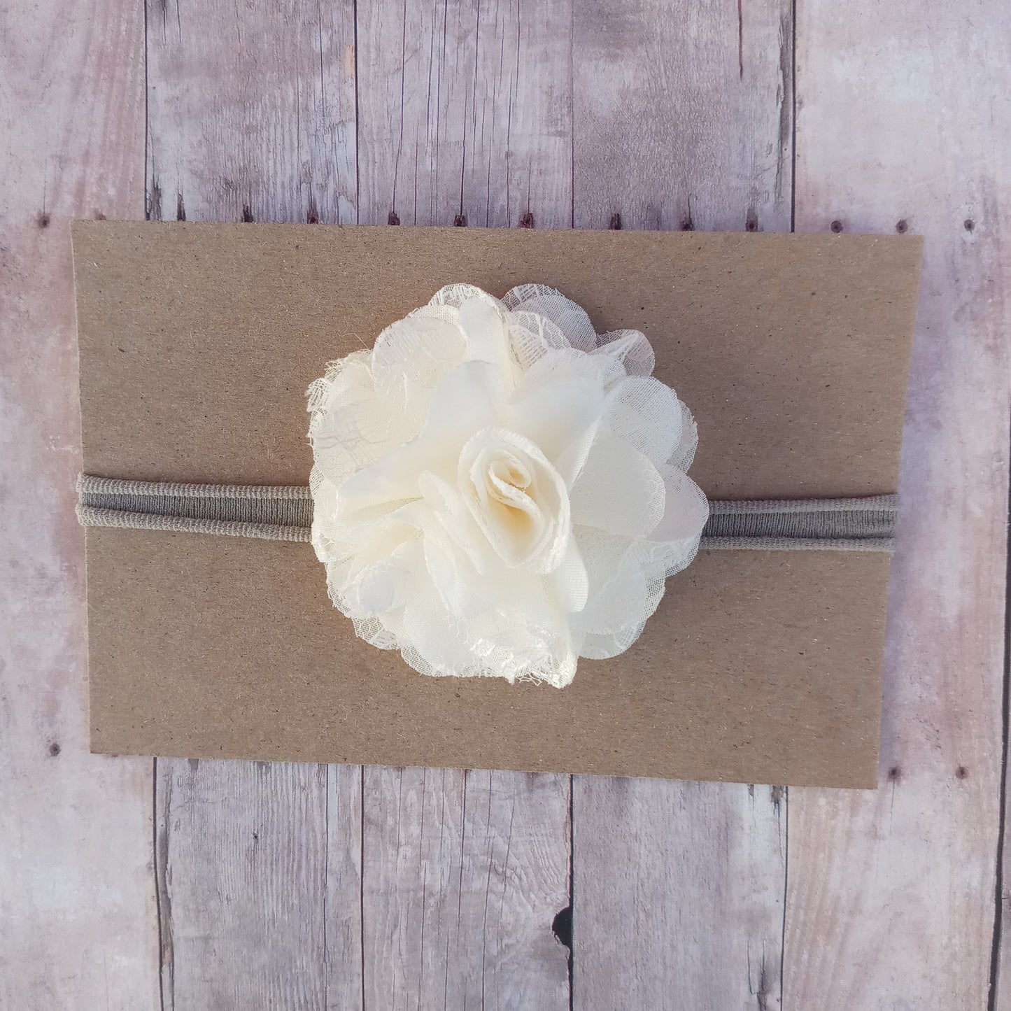 Ivory flower on grey nylon headband