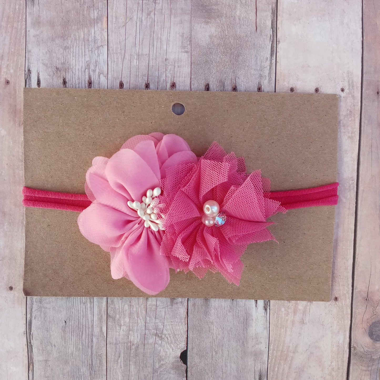 Pink double flower on pink nylon headband