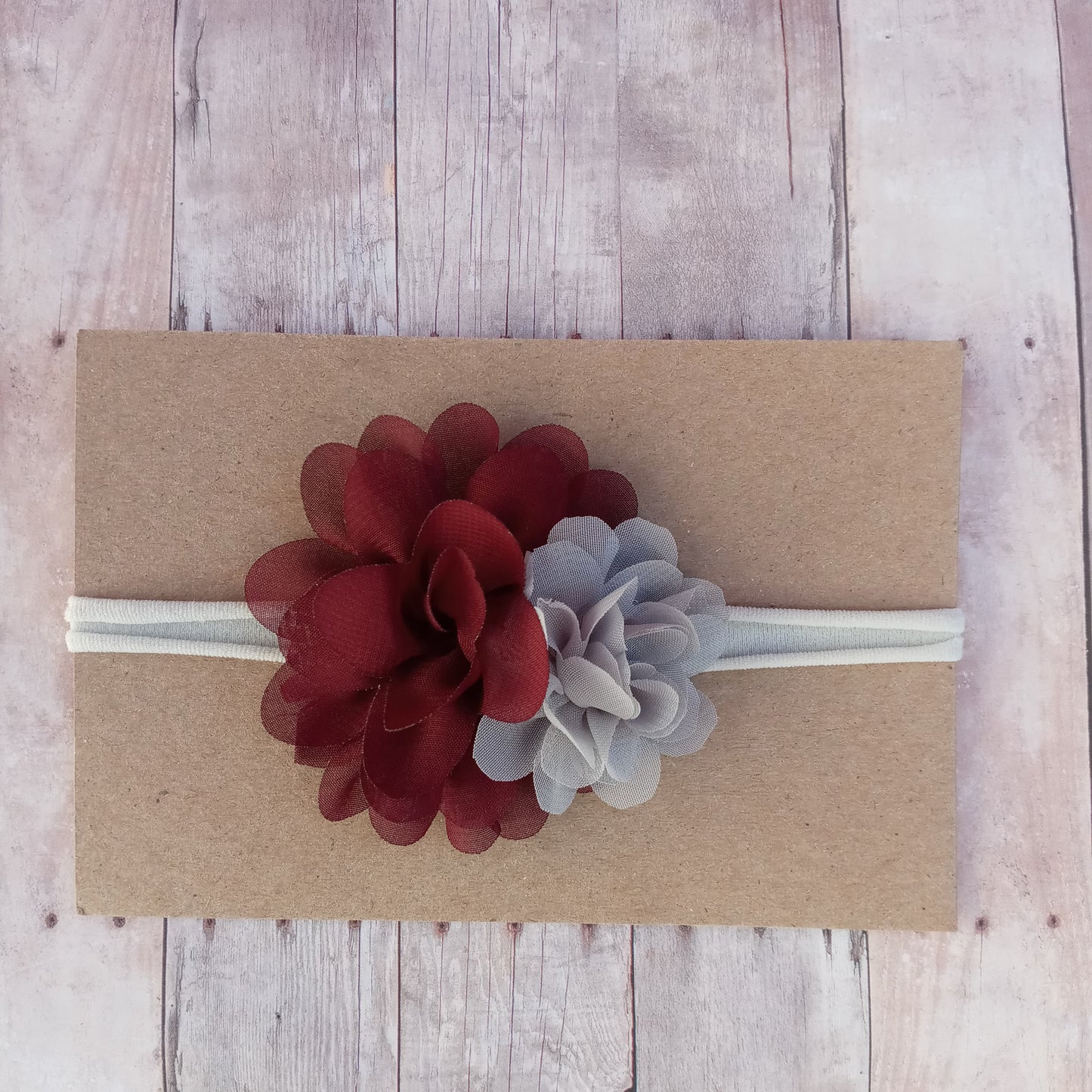 Burgundy and Grey double flower on light grey nylon headband