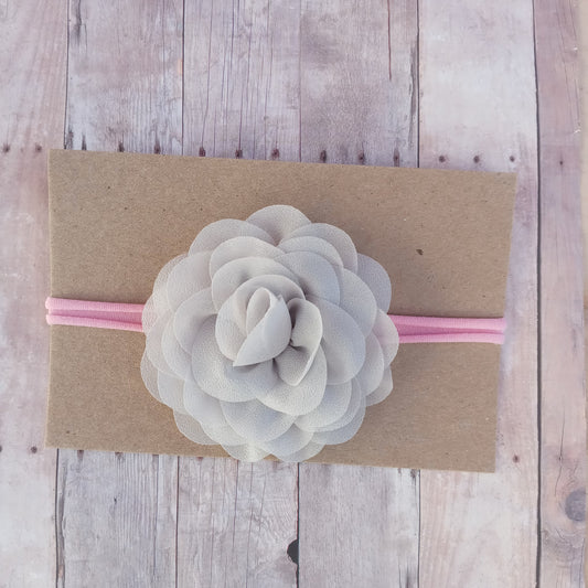 Grey flower on pink nylon headband