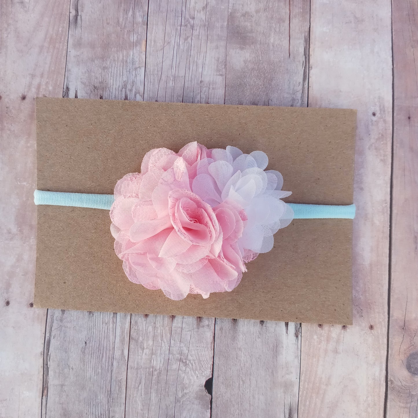 Pink and white double flower nylon headband