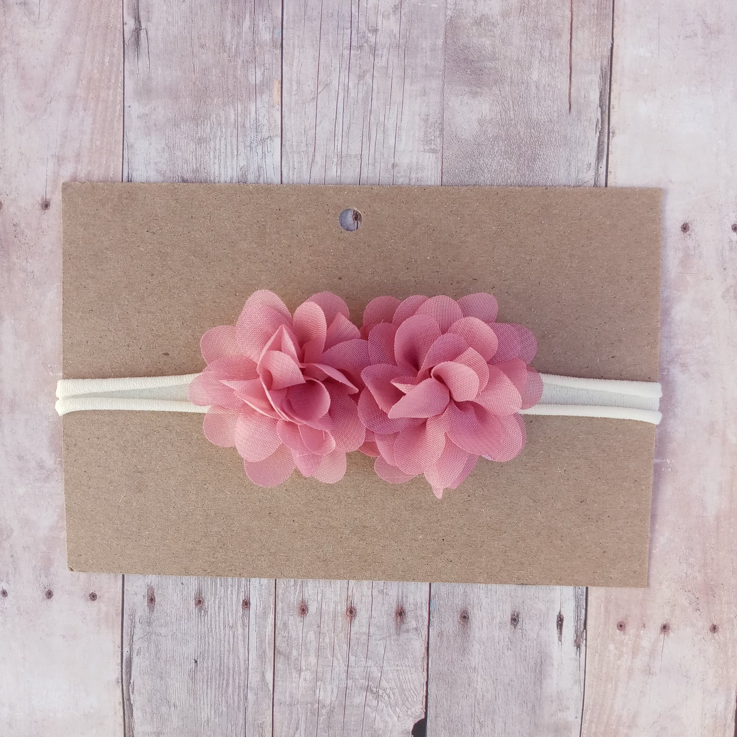 Ivory and mauve double flower nylon headband