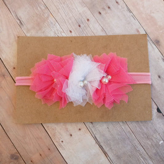 Pink and white flower trio on light pink nylon headband