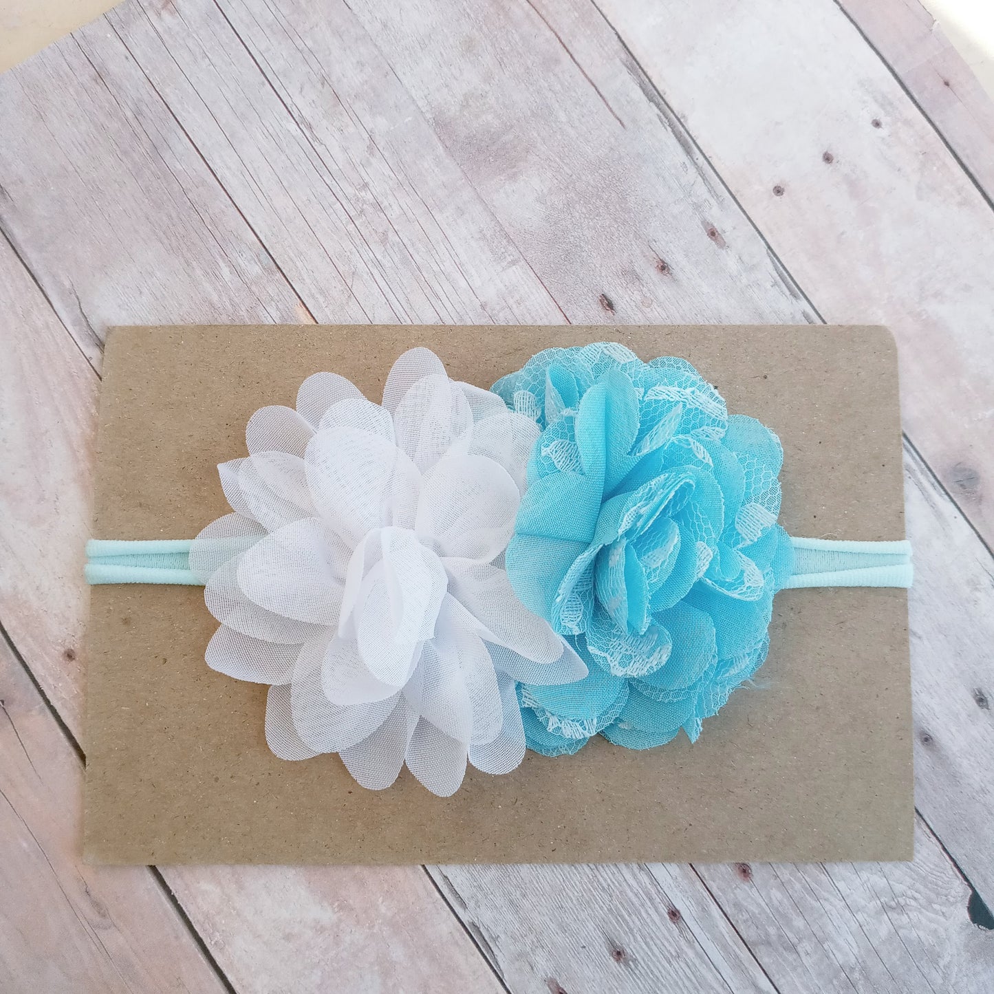 Light blue and white flowers on light blue nylon headband