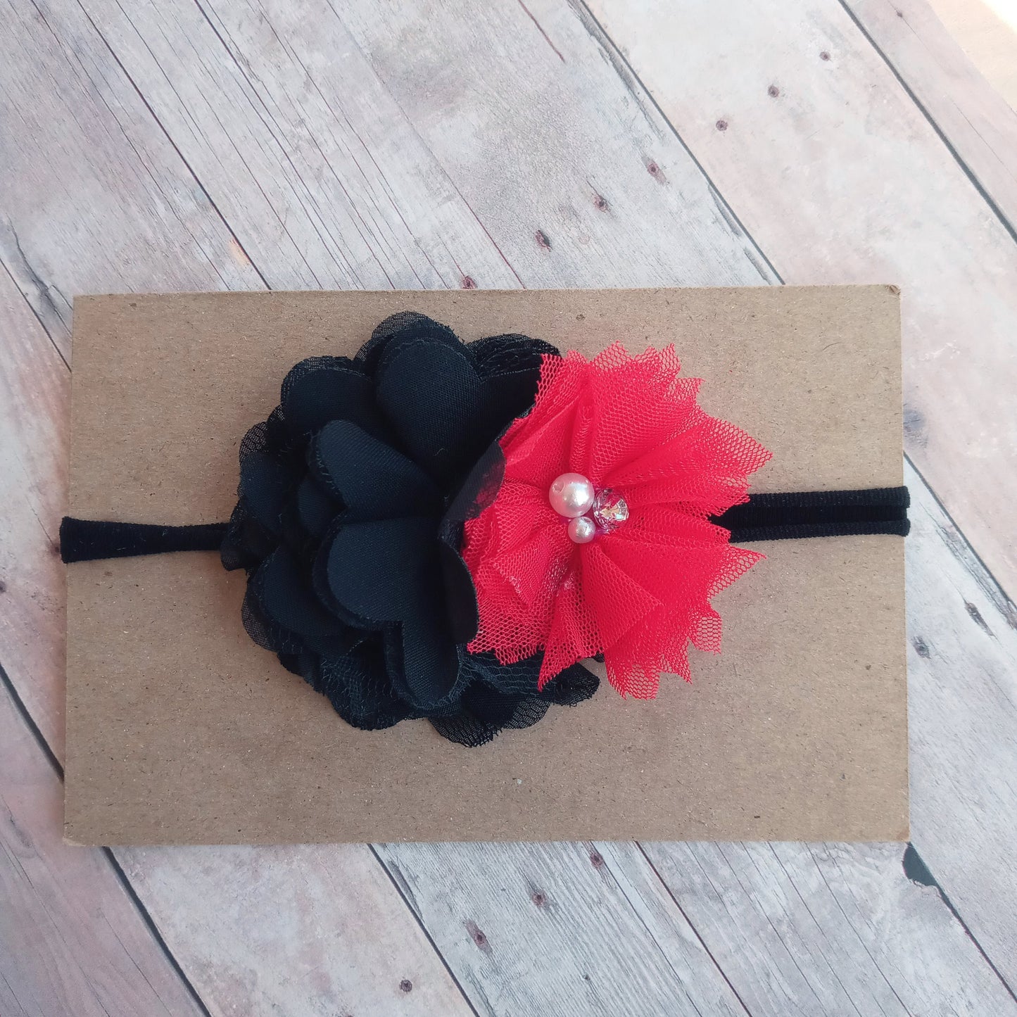 Black and red flowers on black nylon headband