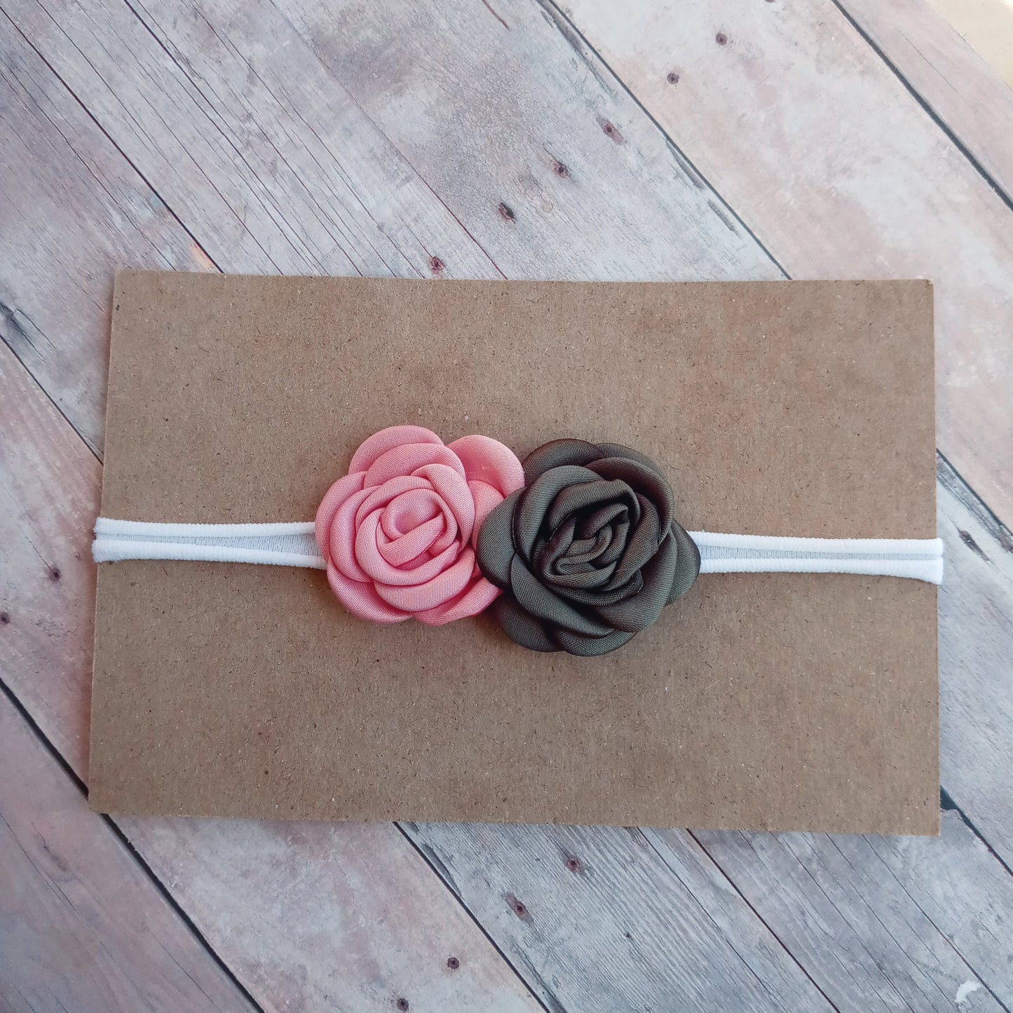 Light pink and olive green flowers on white nylon headband