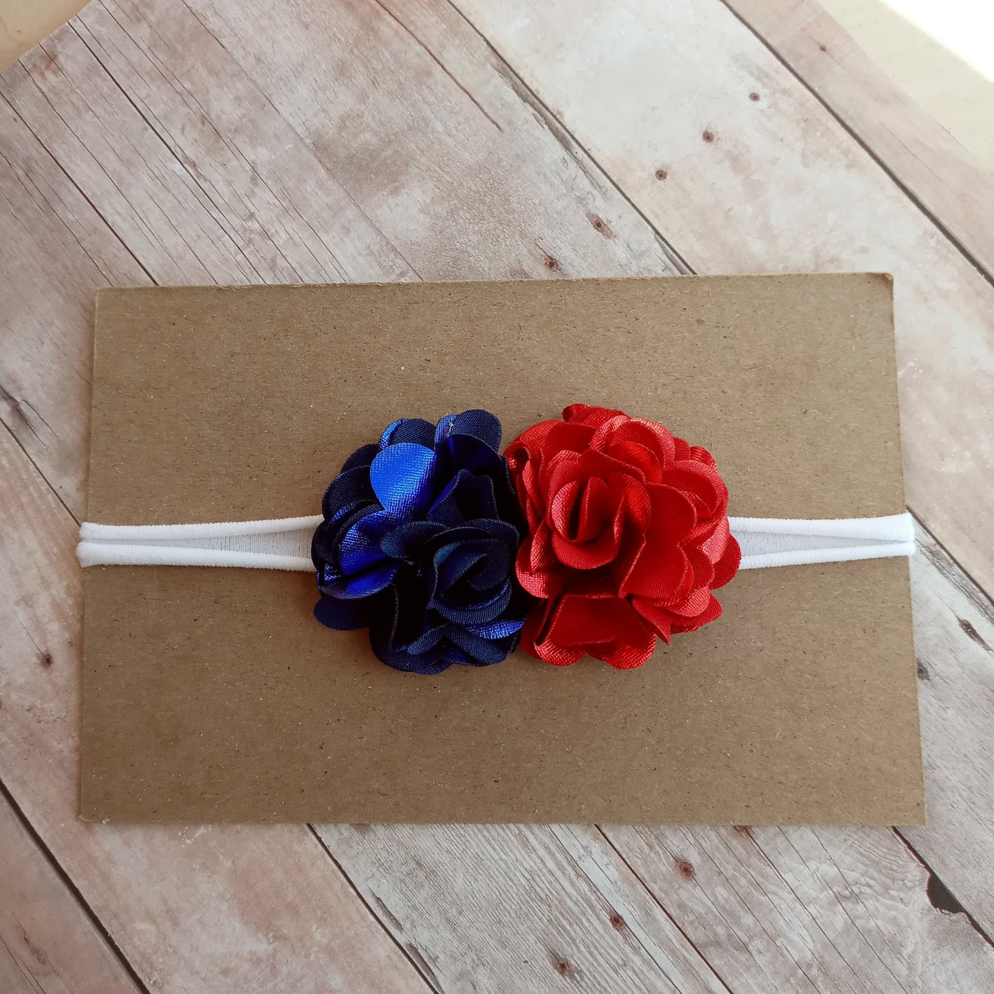 Blue and red flowers on white nylon headband