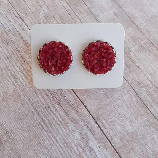 Burgundy Druzy Stud Earrings in Crown setting 12MM