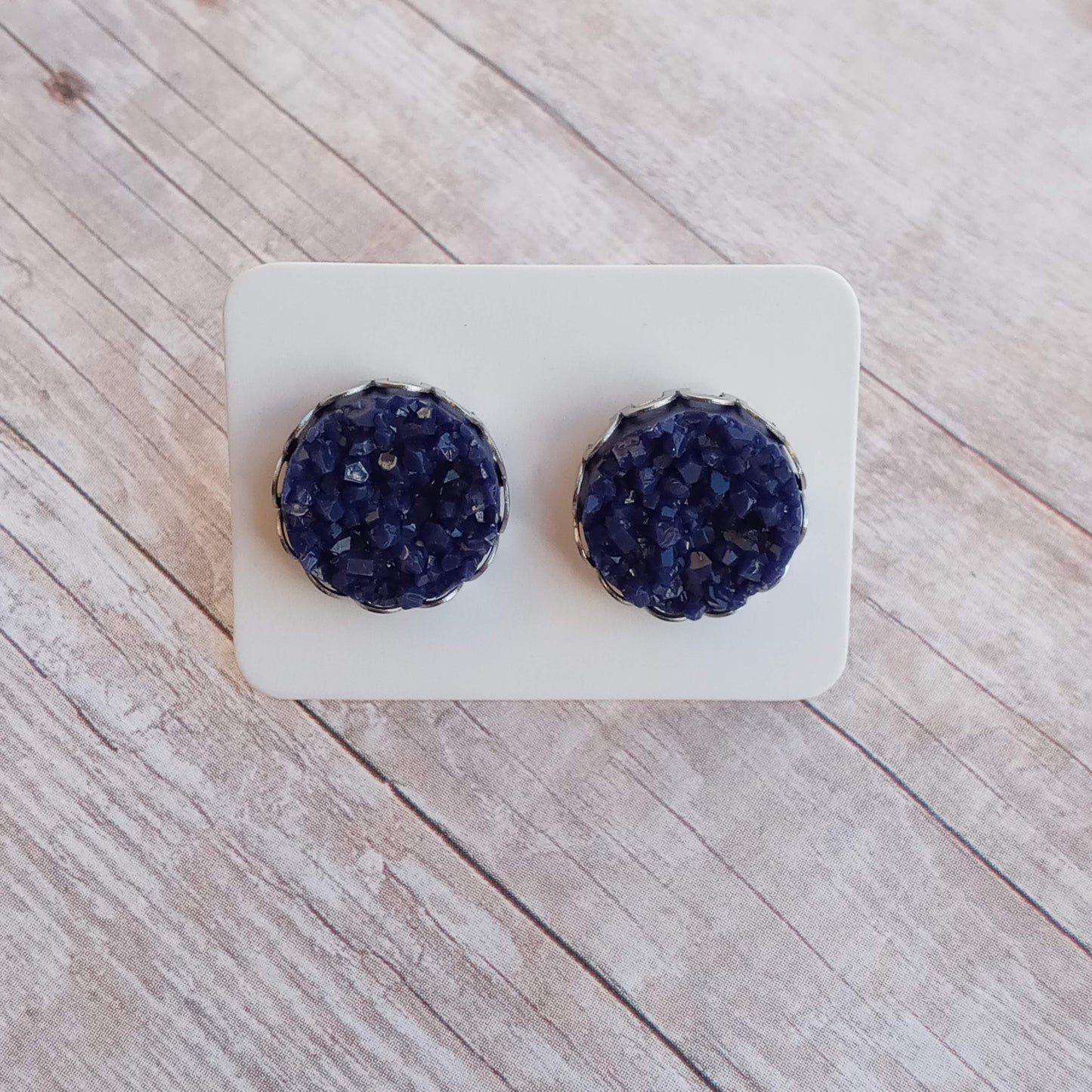 Navy blue Druzy Stud Earrings in Crown setting 12MM