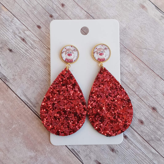 Reindeer cabochon and red glitter 2" dangly earrings