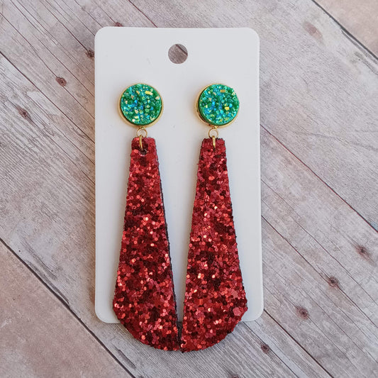 Green druzy and red glitter 2.5" dangly earrings