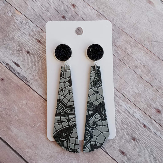 Black druzy and grey/black print 2.5" dangly earrings