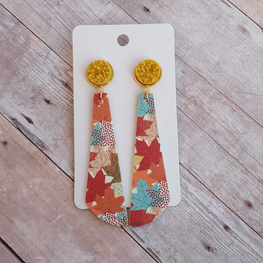 Mustard yellow druzy and colorful leaves 2.5" dangly earrings