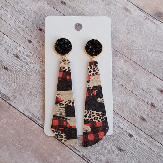 Black druzy and cheetah/plaid 2.5" dangly earrings