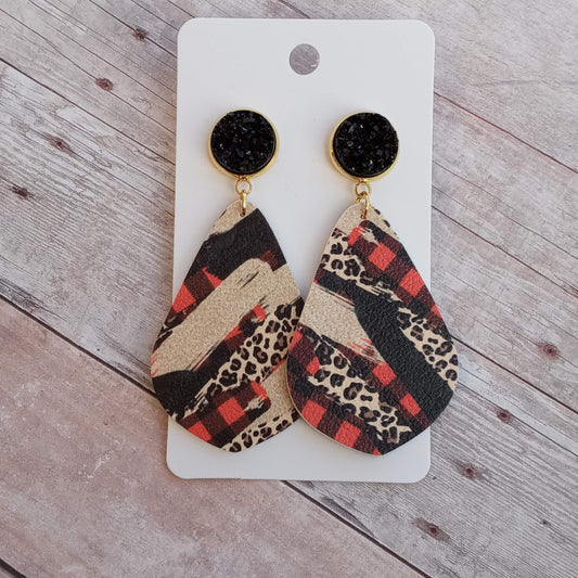 Black druzy and cheetah/plaid 2" dangly earrings