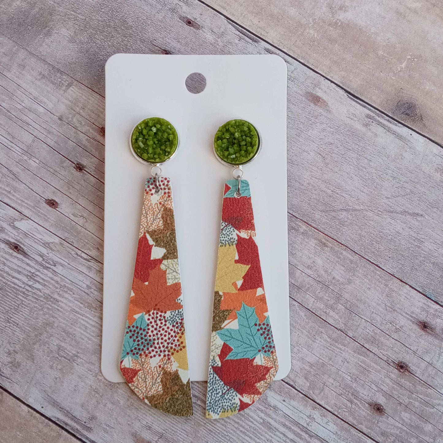 Olive green druzy and colorful leaves 2.5" dangly earrings