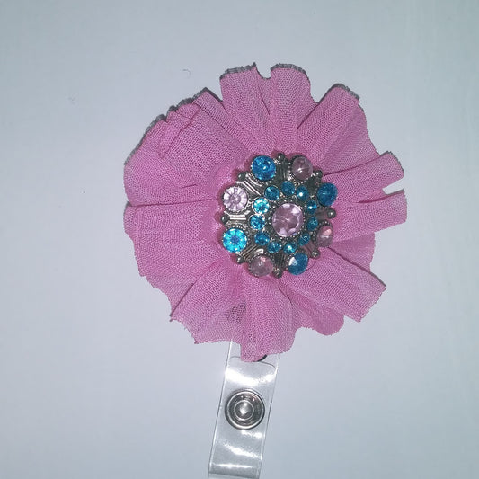 Pink with blue and pink rhinestone Flower Badge Reel