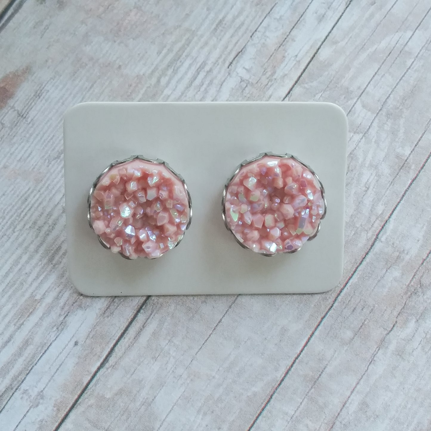 Light Pink Druzy Stud Earrings in Crown Setting 12MM