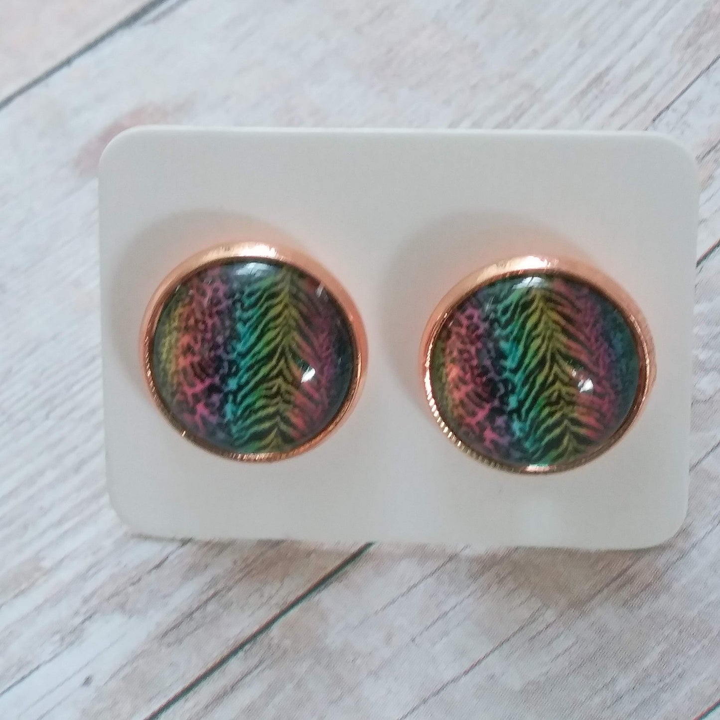 Animal Print Rainbow Glass Cabochon Stud Earrings 12MM