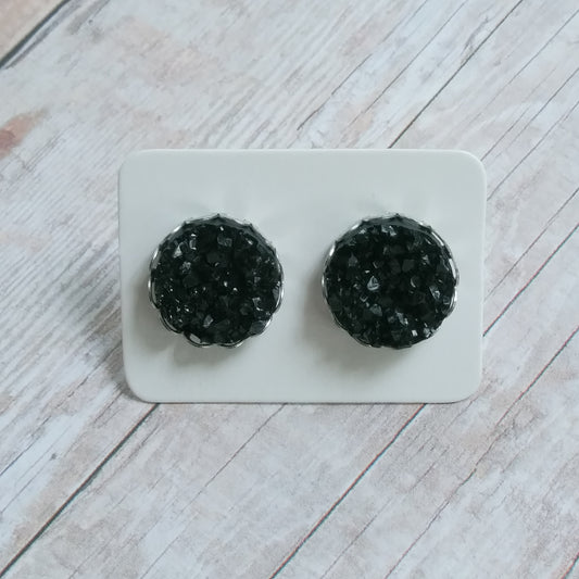 Black Druzy Stud Earrings in Crown setting 12MM