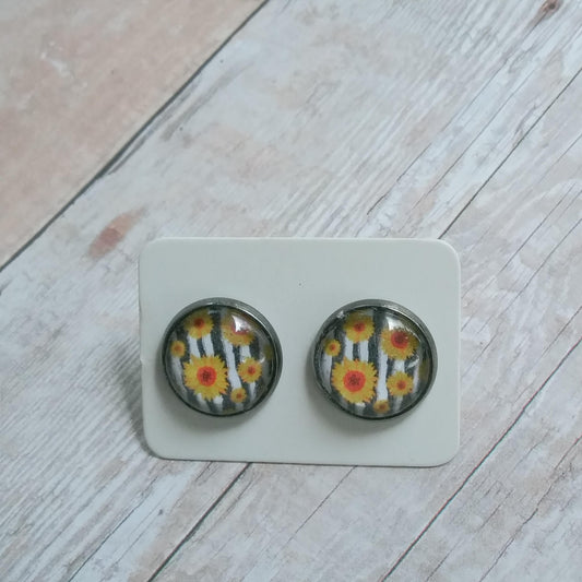 Sunflower Glass Cabochon Stud Earrings 12MM