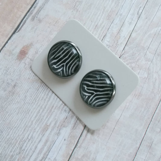 Black and White Zebra Glass Cabochon Stud Earrings 12MM